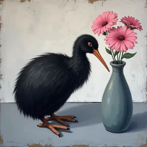 Abstract textured painting of a black Kiwi sitting next to a vase with pink flowers, in the style of Ann Froud and Paulina P., against a gray background.