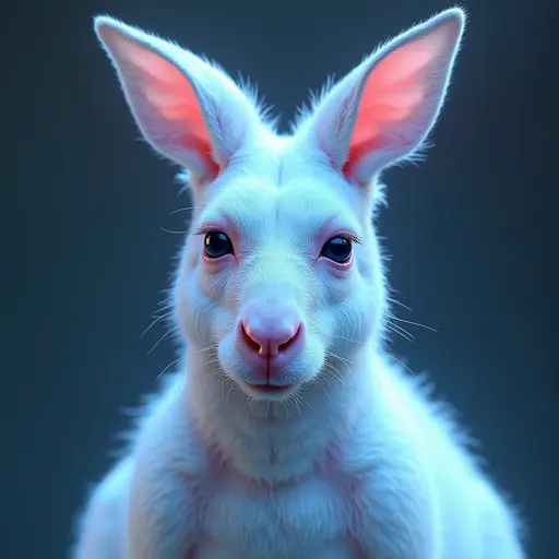 a hyper realistic image in 4K of albino Kangaroo that looks wears a second skin made of liquid metal shiney glass on her face that shines in neon transparent like glue, similar to an instagram filter