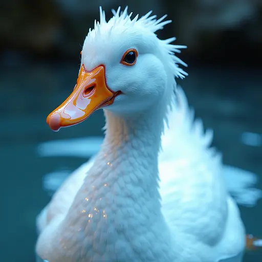 a hyper realistic image in 4K of albino Duck that looks wears a second skin made of liquid metal shiney glass on her face that shines in neon transparent like glue, similar to an instagram filter