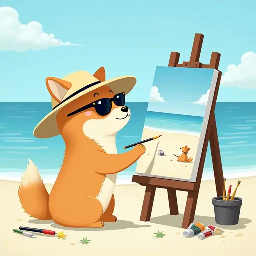 A dog(Shiba Inu) in a sun hat and sunglasses, painting a canvas of the beach scene, with easels and art supplies scattered around, in the style of Miyazaki.