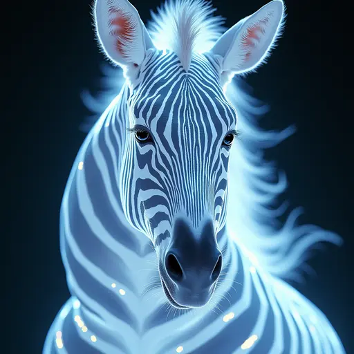 a hyper realistic image in 4K of albino Zebra that looks wears a second skin made of liquid metal shiney glass on her face that shines in neon transparent like glue, similar to an instagram filter