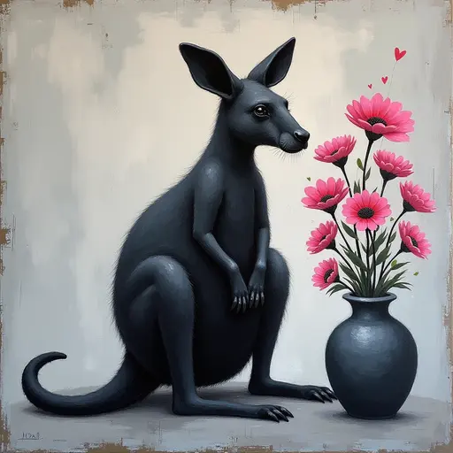 Abstract textured painting of a black Kangaroo sitting next to a vase with pink flowers, in the style of Ann Froud and Paulina P., against a gray background.