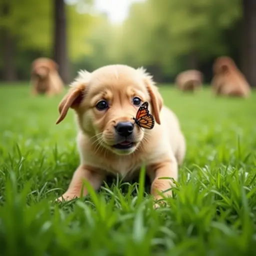 A puppy curiously sniffing a butterfly in a lush green park, with trees and other dogs in the background.