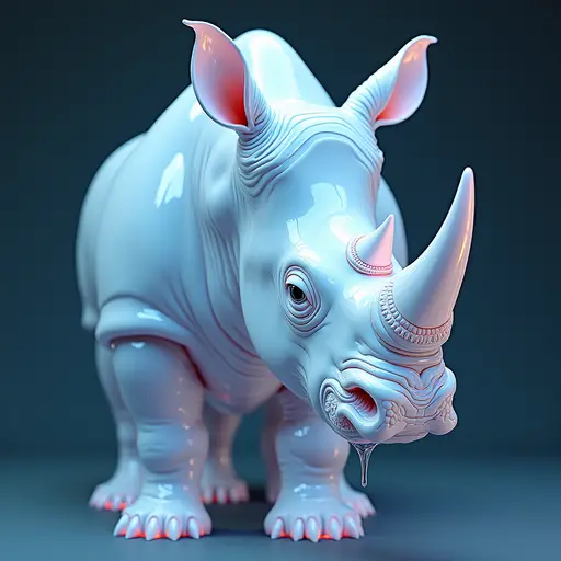 a hyper realistic image in 4K of albino Rhinoceros that looks wears a second skin made of liquid metal shiney glass on her face that shines in neon transparent like glue, similar to an instagram filter