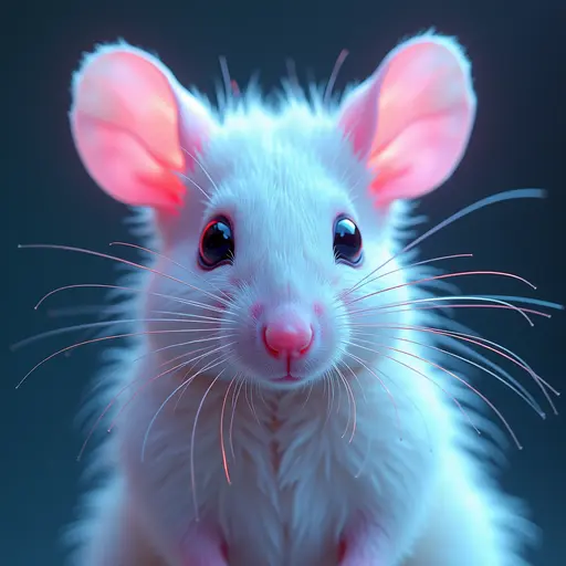 a hyper realistic image in 4K of albino Mouse that looks wears a second skin made of liquid metal shiney glass on her face that shines in neon transparent like glue, similar to an instagram filter