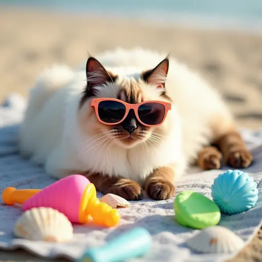 A fluffy Birman cat wearing a pair of sunglasses, napping on a beach blanket surrounded by colorful beach toys and seashells.