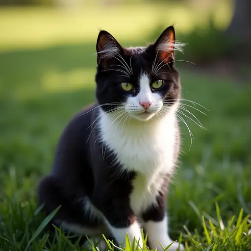 A black and white cat sitting in a garden, with a light breeze rustling its fur, sunlight illuminating its face, looking relaxed and content.