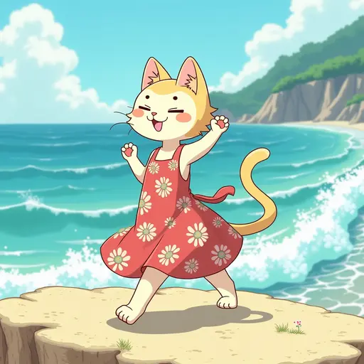 A cat wearing a colorful sun dress, dancing with the wind on a beach cliff, with waves crashing below, in the style of Miyazaki.