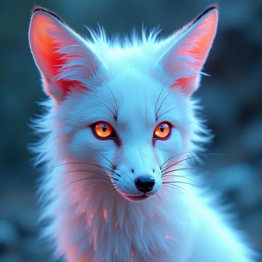 a hyper realistic image in 4K of albino Fox that looks wears a second skin made of liquid metal shiney glass on her face that shines in neon transparent like glue, similar to an instagram filter