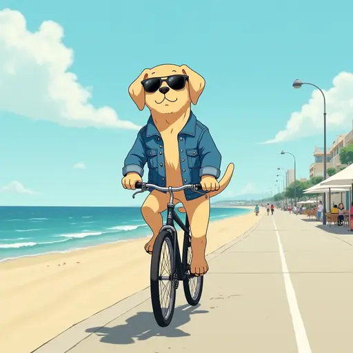 A cat(Labrador Retriever) wearing a denim jacket and sunglasses, riding a bicycle along the beach promenade, with the ocean breeze blowing, in the style of Miyazaki