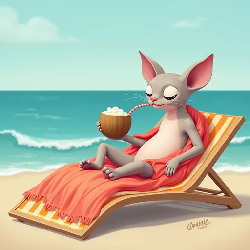 A Sphynx cat in a brightly colored beach towel, lounging on a sunbed while sipping a coconut drink, with a backdrop of gentle waves and a clear sky.