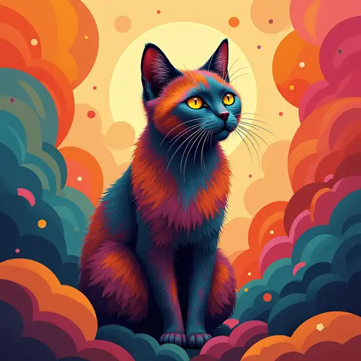 A cat(rasta cat) in a modern abstract art background, surrounded by colorful geometric shapes