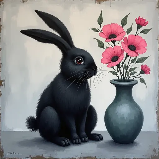 Abstract textured painting of a black Rabbit sitting next to a vase with pink flowers, in the style of Ann Froud and Paulina P., against a gray background.