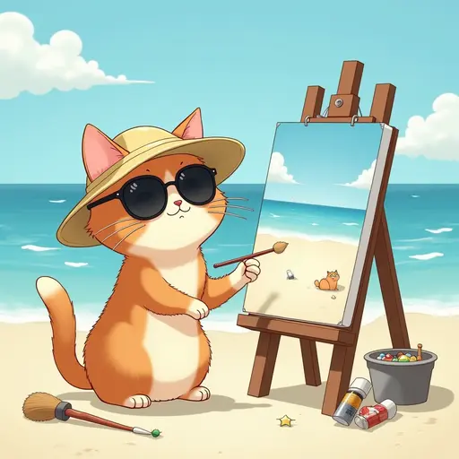 A cat(Birman Cat) in a sun hat and sunglasses, painting a canvas of the beach scene, with easels and art supplies scattered around, in the style of Miyazaki.