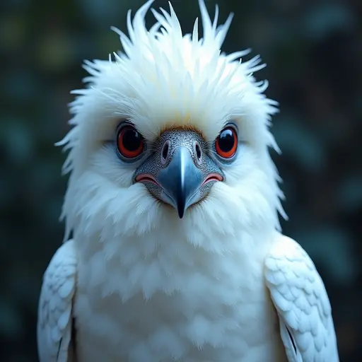 a hyper realistic image in 4K of albino Kookaburra that looks wears a second skin made of liquid metal shiney glass on her face that shines in neon transparent like glue, similar to an instagram filter