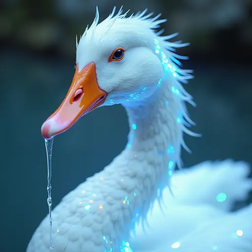 a hyper realistic image in 4K of albino Goose that looks wears a second skin made of liquid metal shiney glass on her face that shines in neon transparent like glue, similar to an instagram filter