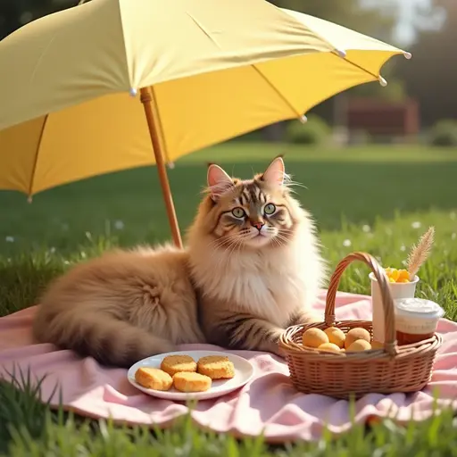 A fluffy Maine Coon cat lounging under a large umbrella, enjoying a picnic with a basket filled with treats and a refreshing drink on a hot day.