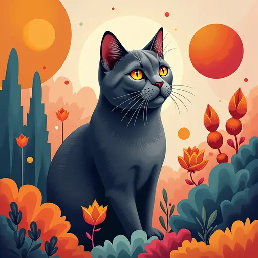 A cat(British Shorthair) in a modern abstract art background, surrounded by colorful geometric shapes