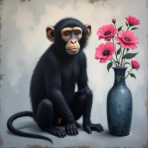 Abstract textured painting of a black Macaque sitting next to a vase with pink flowers, in the style of Ann Froud and Paulina P., against a gray background.