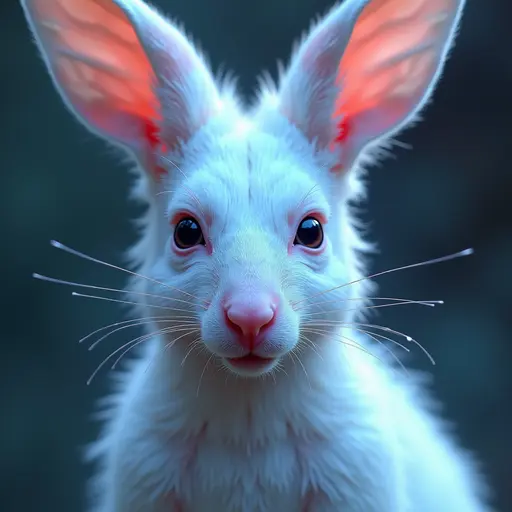 a hyper realistic image in 4K of albino Wallaby that looks wears a second skin made of liquid metal shiney glass on her face that shines in neon transparent like glue, similar to an instagram filter