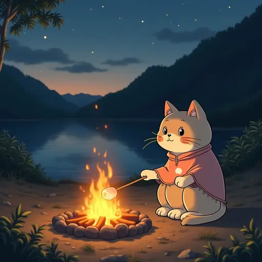 A cat wearing a beach poncho, sitting by a campfire at dusk, roasting marshmallows with friends, in the style of Miyazaki.