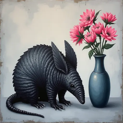 Abstract textured painting of a black Armadillo sitting next to a vase with pink flowers, in the style of Ann Froud and Paulina P., against a gray background.