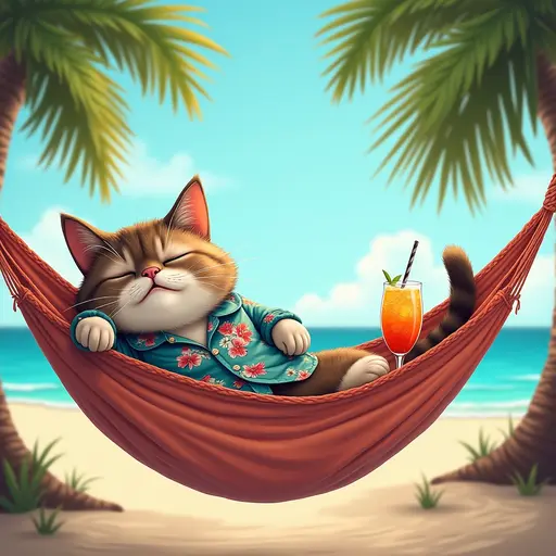 A regal British Shorthair cat in a Hawaiian shirt, napping on a beach hammock strung between palm trees, with a refreshing drink resting nearby, enjoying the gentle breeze.