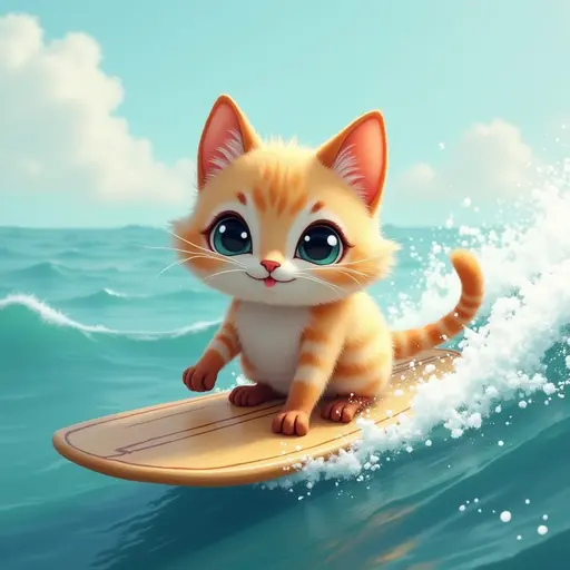 An adventurous Javanese cat with a small surfboard, catching waves in the ocean, its fur glistening in the sunlight as it rides the crest of a wave.