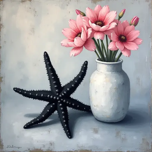 Abstract textured painting of a black Starfish sitting next to a vase with pink flowers, in the style of Ann Froud and Paulina P., against a gray background.