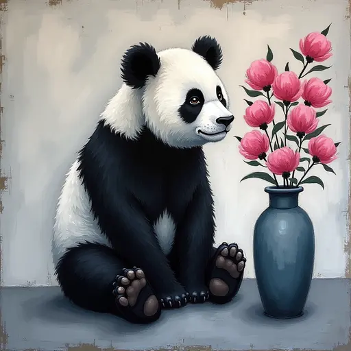 Abstract textured painting of a black Panda sitting next to a vase with pink flowers, in the style of Ann Froud and Paulina P., against a gray background.