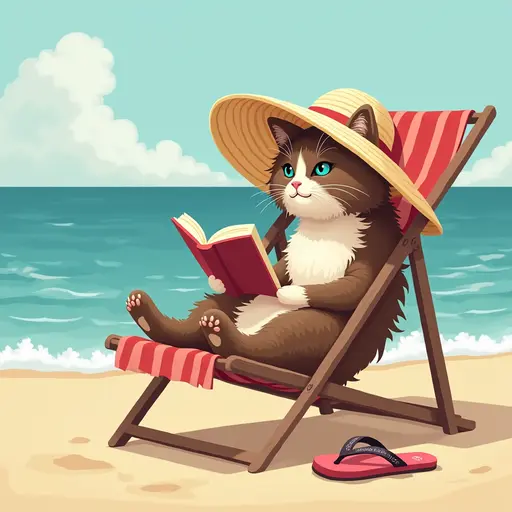 A Norwegian Forest cat in a wide-brimmed sun hat, sitting on a beach chair with a book and a pair of flip-flops, enjoying the sound of the ocean.