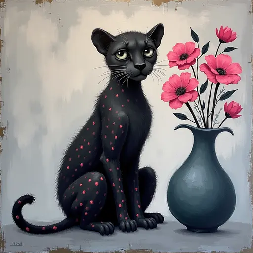 Abstract textured painting of a black Cheetah sitting next to a vase with pink flowers, in the style of Ann Froud and Paulina P., against a gray background.