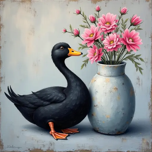 Abstract textured painting of a black Duck sitting next to a vase with pink flowers, in the style of Ann Froud and Paulina P., against a gray background.