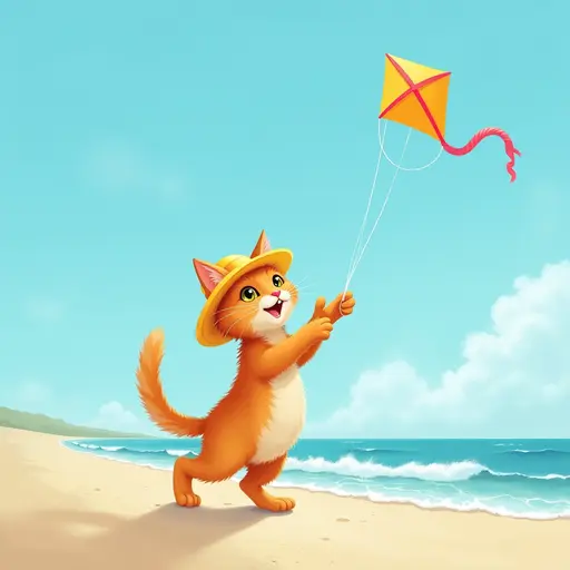 A sprightly Manx cat in a bright sun hat, playing with a kite flying high in the clear blue sky, with the ocean waves crashing in the background.