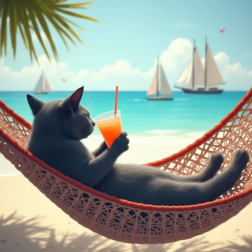 A sophisticated Russian Blue cat lounging in a beach hammock, sipping on a refreshing beverage while watching boats sail across the horizon.