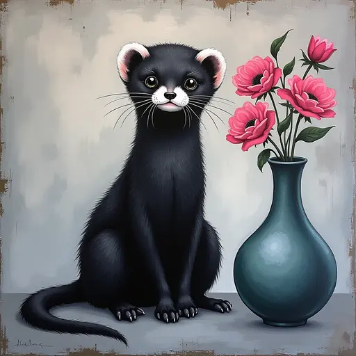 Abstract textured painting of a black Ferret sitting next to a vase with pink flowers, in the style of Ann Froud and Paulina P., against a gray background.