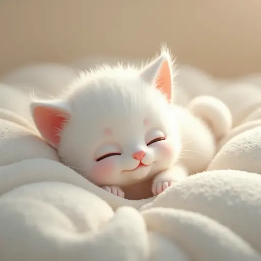 A white kitten is curled up on a soft blanket, with a slight smile on its face, as if dreaming of chasing little fish, radiating an aura of peaceful cuteness - 3d 8k hyper real octane render blender