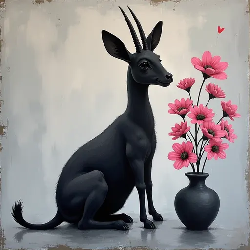 Abstract textured painting of a black Antelope sitting next to a vase with pink flowers, in the style of Ann Froud and Paulina P., against a gray background.