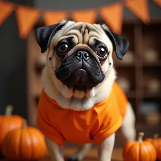 A pug with a funny expression, surrounded by Halloween decorations and wearing a cute pumpkin costume.