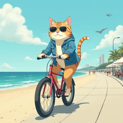 A cat(British Shorthair) wearing a denim jacket and sunglasses, riding a bicycle along the beach promenade, with the ocean breeze blowing, in the style of Miyazaki