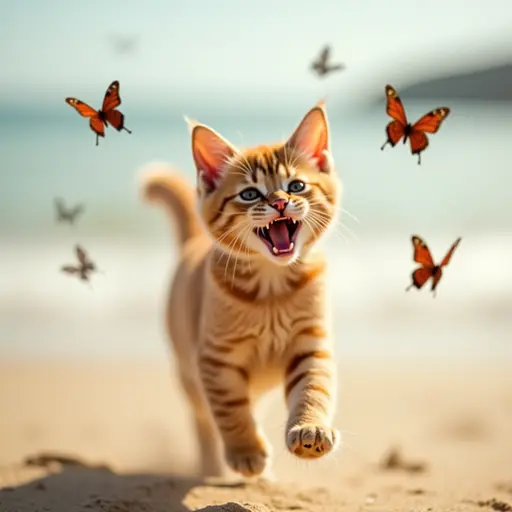 An energetic Abyssinian cat chasing butterflies on the sandy beach, its fur shining in the sunlight and the sound of laughter in the air.