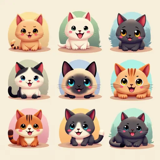 A series of cute cat avatars featuring a sitting Persian cat, a playful Siamese cat, and a lounging American Shorthair cat, each with different backgrounds and lighting such as indoors, outdoors, and at dusk.