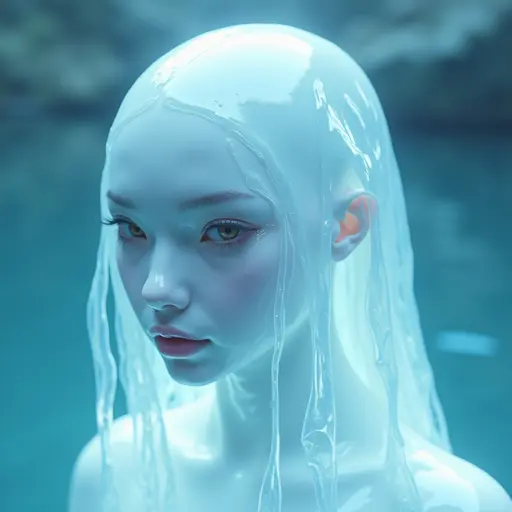 a hyper realistic image in 4K of albino Beluga that looks wears a second skin made of liquid metal shiney glass on her face that shines in neon transparent like glue, similar to an instagram filter