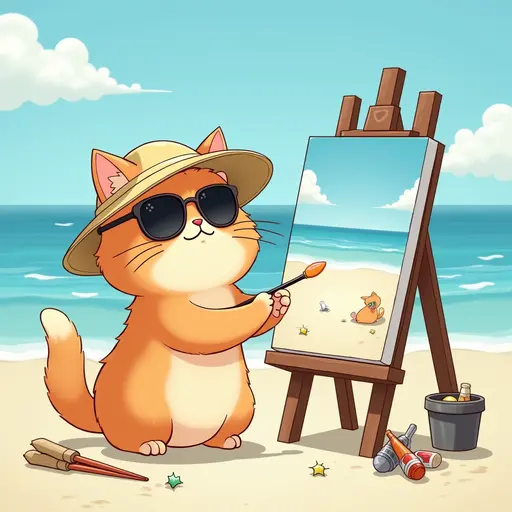 A cat(Persian Cat) in a sun hat and sunglasses, painting a canvas of the beach scene, with easels and art supplies scattered around, in the style of Miyazaki.