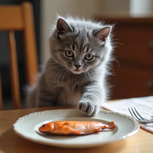 A gray kitten is standing on the dining table, stretching its little paw to reach a delicious fish, with an expression that reveals both innocence and mischief.