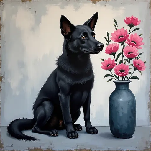 Abstract textured painting of a black Dingo sitting next to a vase with pink flowers, in the style of Ann Froud and Paulina P., against a gray background.