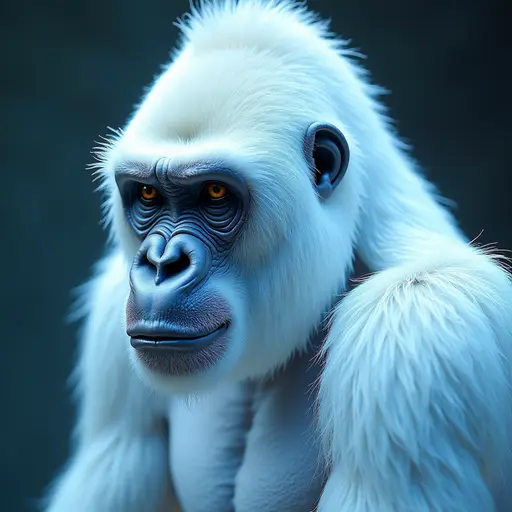 a hyper realistic image in 4K of albino Gorilla that looks wears a second skin made of liquid metal shiney glass on her face that shines in neon transparent like glue, similar to an instagram filter