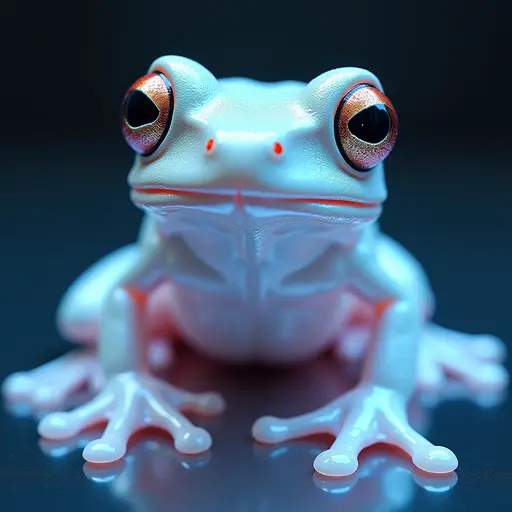 a hyper realistic image in 4K of albino Frog that looks wears a second skin made of liquid metal shiney glass on her face that shines in neon transparent like glue, similar to an instagram filter