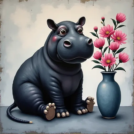 Abstract textured painting of a black Hippopotamus sitting next to a vase with pink flowers, in the style of Ann Froud and Paulina P., against a gray background.