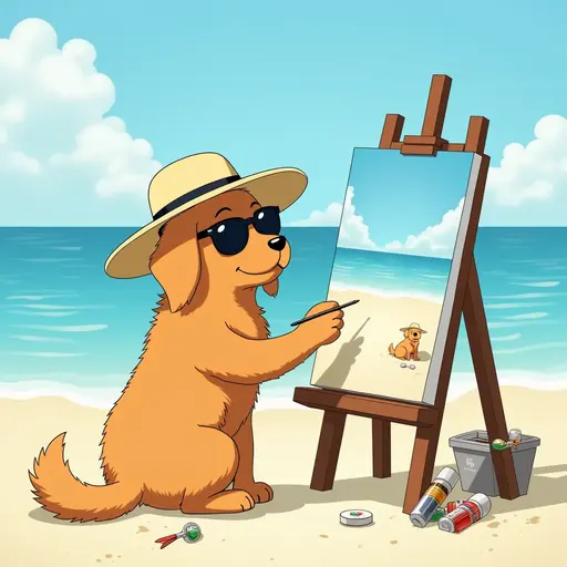 A dog(Golden Retriever) in a sun hat and sunglasses, painting a canvas of the beach scene, with easels and art supplies scattered around, in the style of Miyazaki.